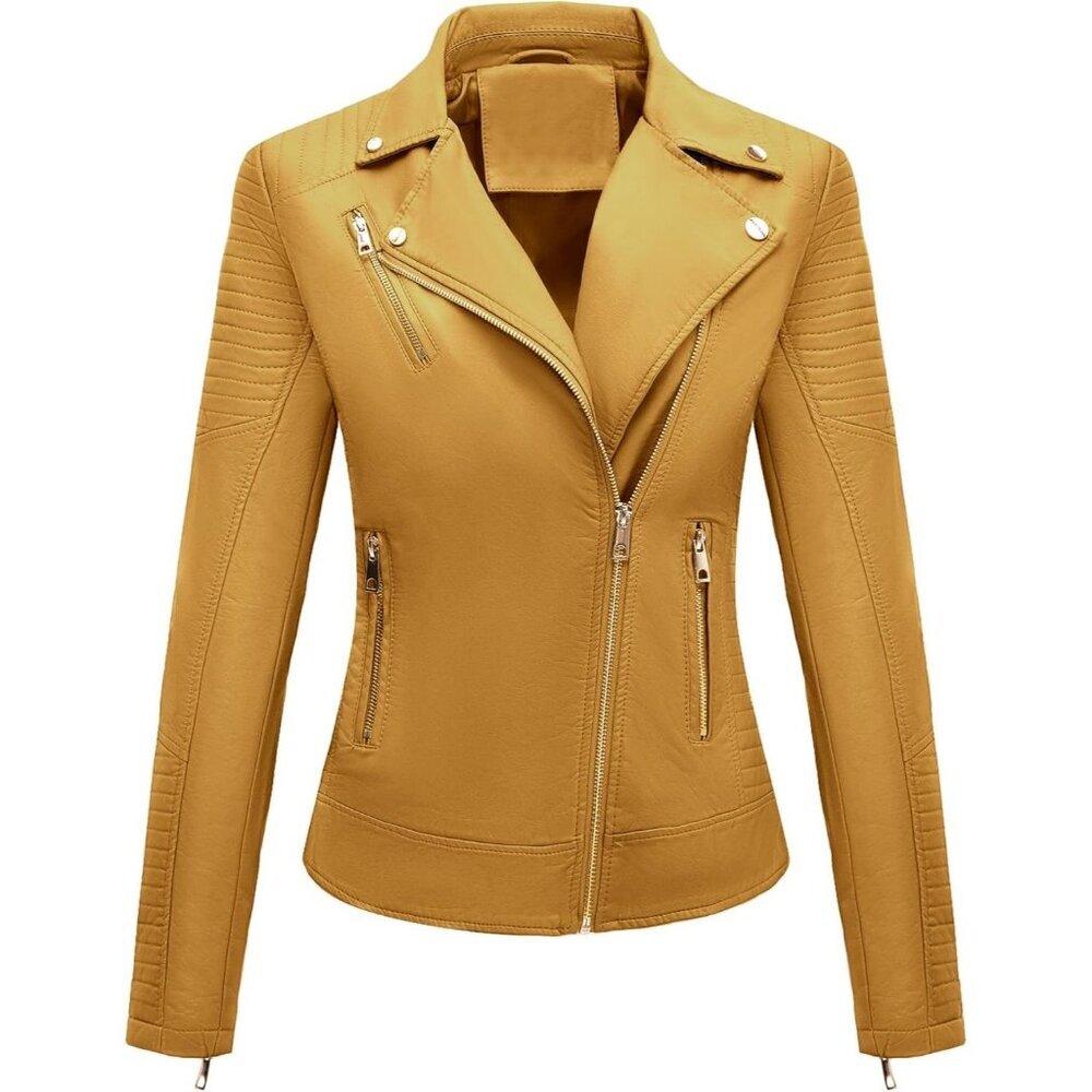 Women's Ginger Faux Leather Quilted Shoulders Peak Lapel & Zipper Biker Jacket